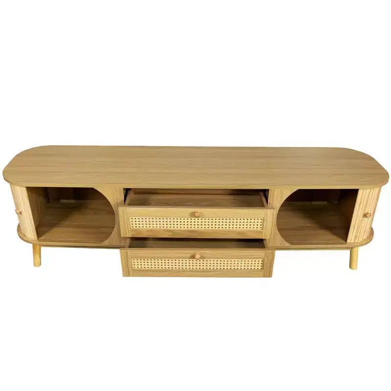 Meuble TV en rotin avec tiroirs pour télévision de 75 pouces, table de rangement TV en bois
