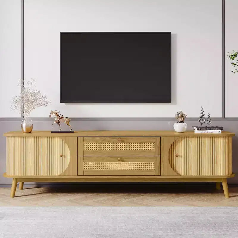 Meuble TV en rotin avec tiroirs pour télévision de 75 pouces, table de rangement TV en bois