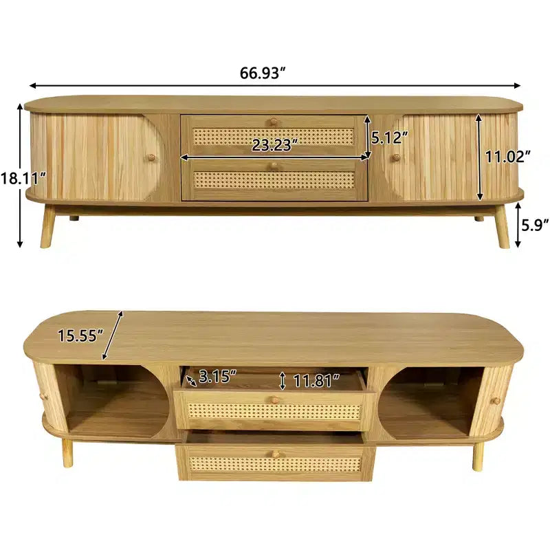 Meuble TV en rotin avec tiroirs pour télévision de 75 pouces, table de rangement TV en bois