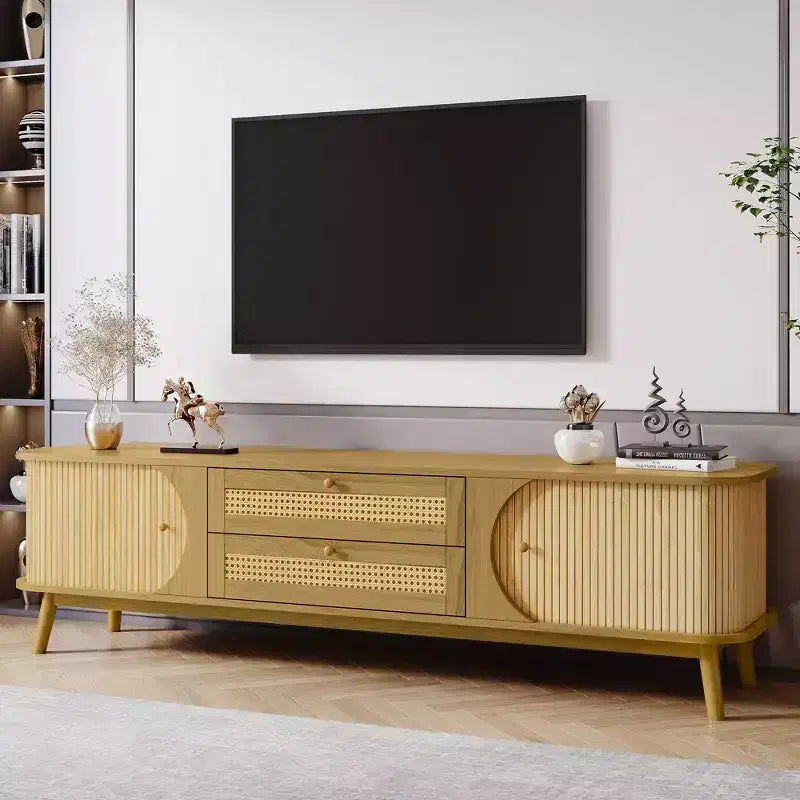 Meuble TV en rotin avec tiroirs pour télévision de 75 pouces, table de rangement TV en bois