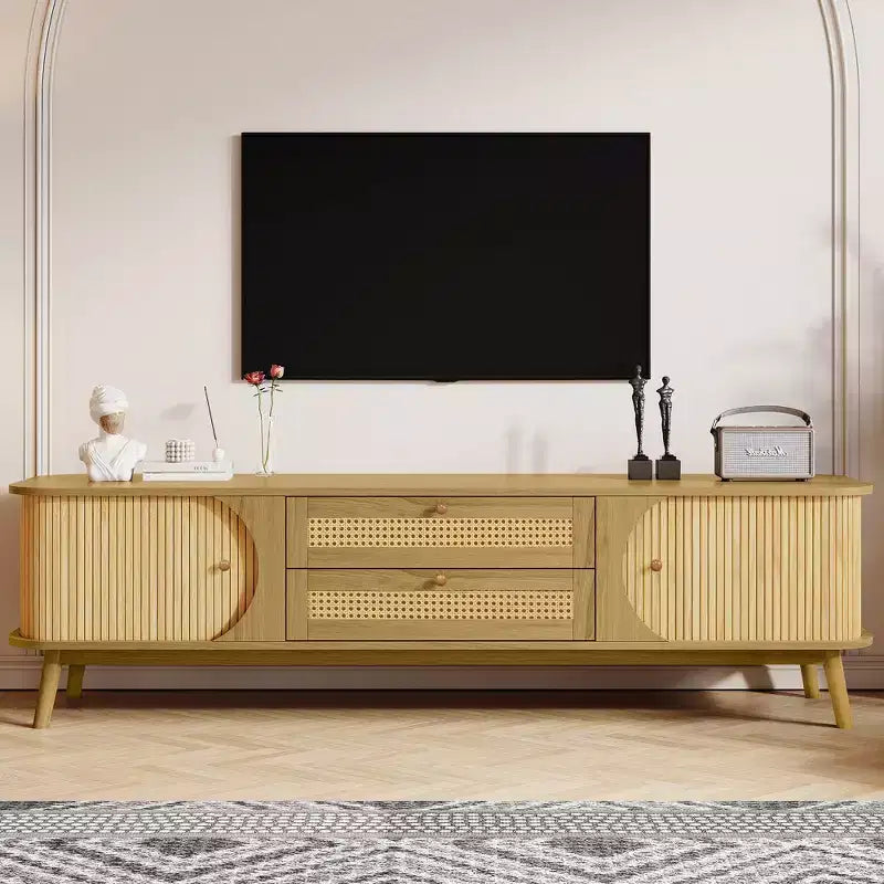 Meuble TV en rotin avec tiroirs pour télévision de 75 pouces, table de rangement TV en bois