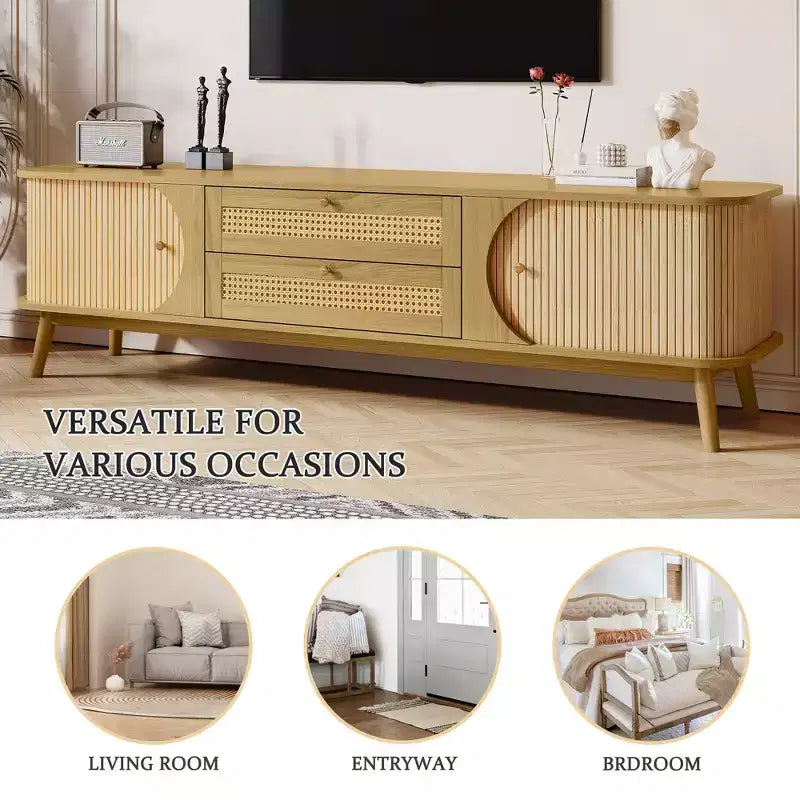 Meuble TV en rotin avec tiroirs pour télévision de 75 pouces, table de rangement TV en bois
