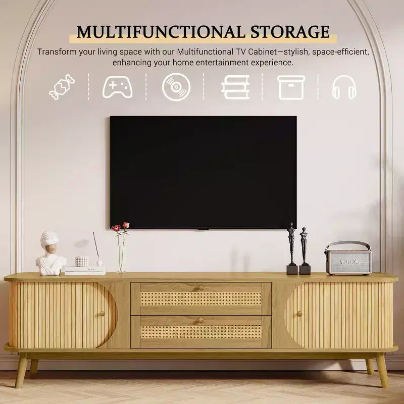 Meuble TV en rotin avec tiroirs pour télévision de 75 pouces, table de rangement TV en bois