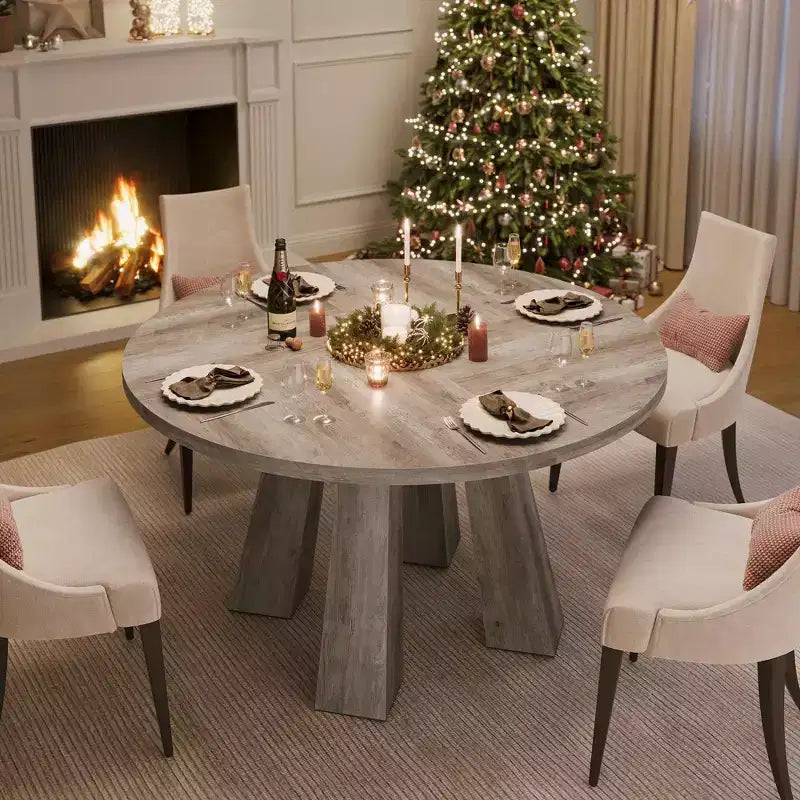 Table à manger ronde pour 4-6 personnes, table de cuisine en bois de 119 cm avec base robuste