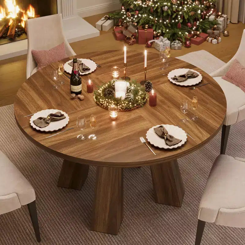 Table à manger ronde pour 4-6 personnes, table de cuisine en bois de 119 cm avec base robuste