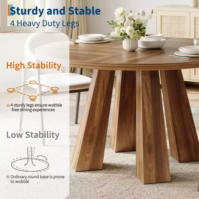 Table à manger ronde pour 4-6 personnes, table de cuisine en bois de 119 cm avec base robuste