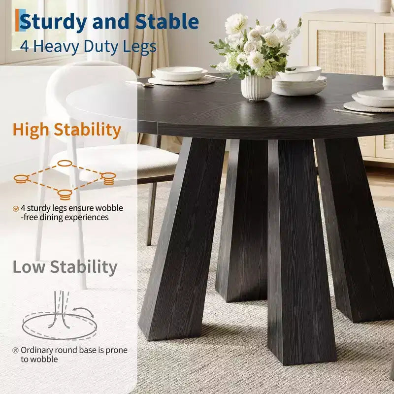 Table à manger ronde pour 4-6 personnes, table de cuisine en bois de 119 cm avec base robuste