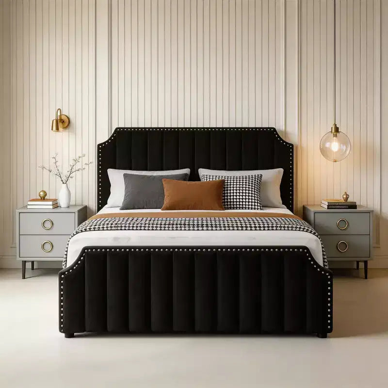 Velvet Bed Frame, 50.2 Tall Headboard & Footboard, Upholstered Platform Queen Bed Frame with Nailhead Trim, No Box Spring Needed