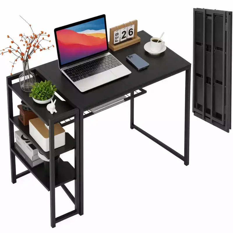 35 Folding Computer Desk, Home Office Desk with Storage Shelf, Space Saving Writing Sturdy Table for Home Office Bedroom, No Assembly
