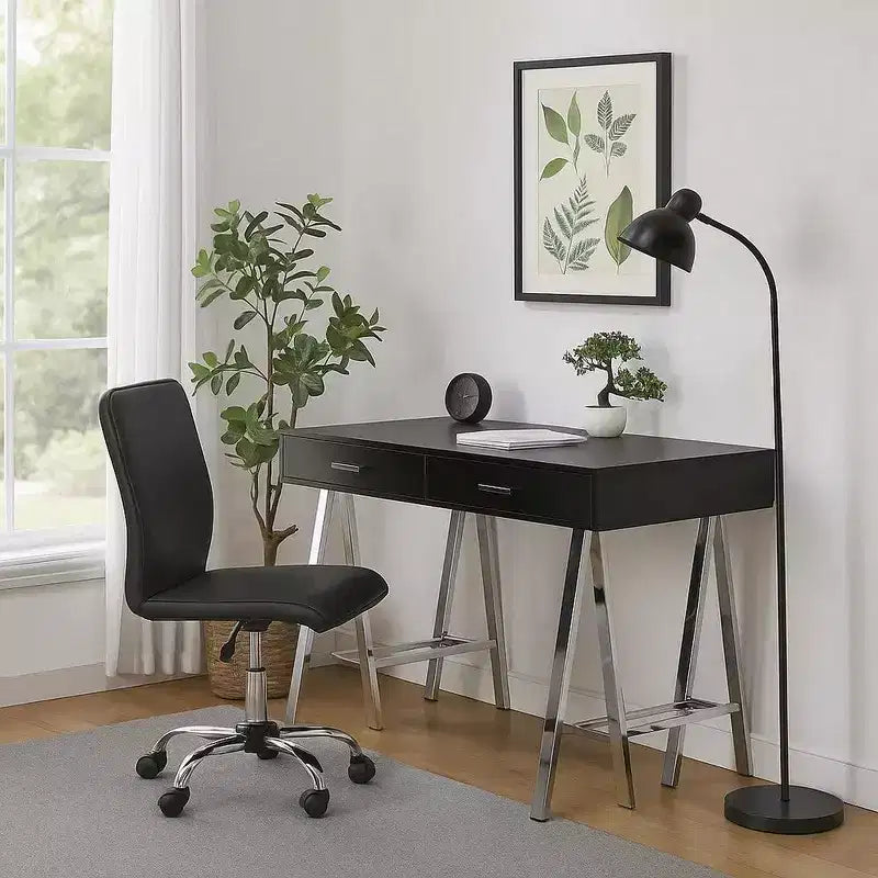 Royal Hampton Writing Desk with MDF 2 Drawers and Metal Legs, Black and Chrome