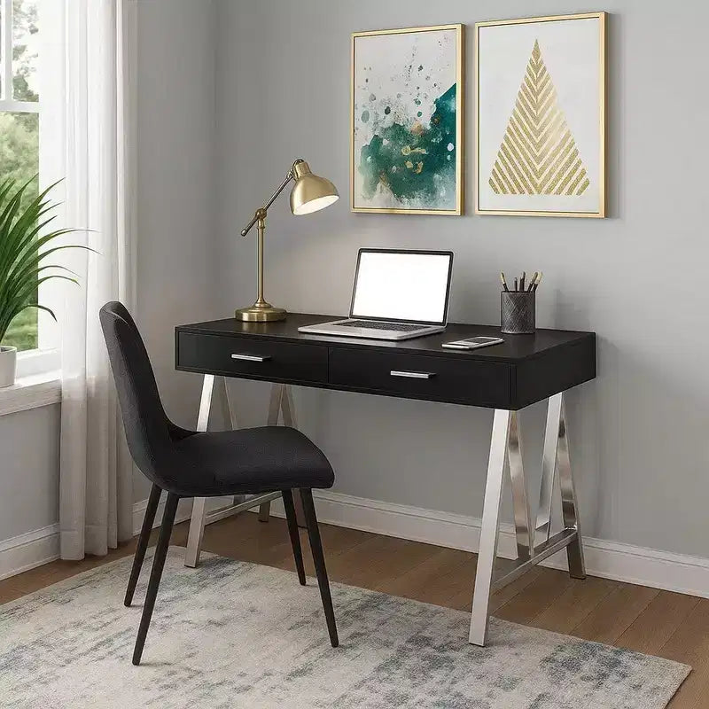Bureau avec 2 tiroirs et pieds en métal, noir et chrome