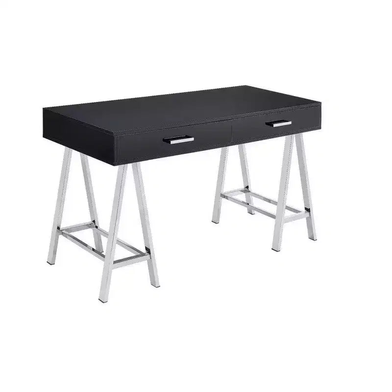 Bureau avec 2 tiroirs et pieds en métal, noir et chrome