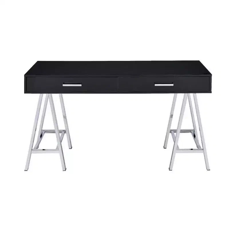 Bureau avec 2 tiroirs et pieds en métal, noir et chrome