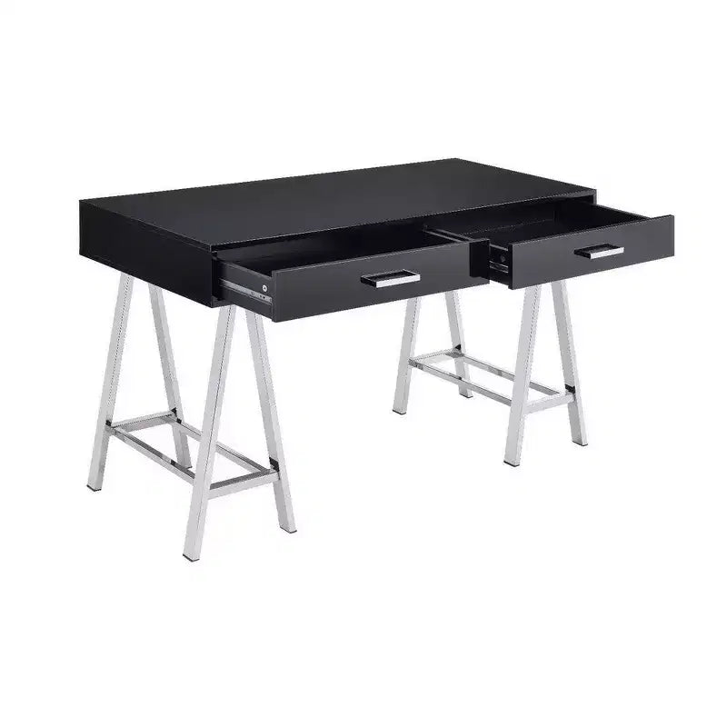 Bureau avec 2 tiroirs et pieds en métal, noir et chrome