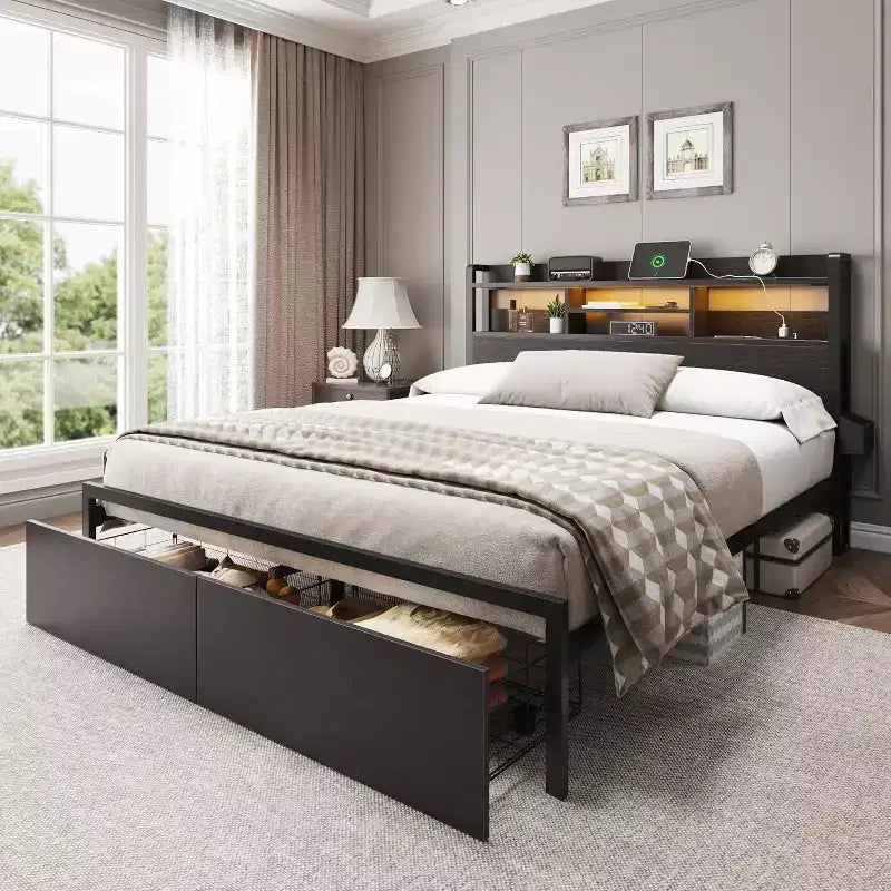 Full Size Platform Bed Frame With Storage Drawers Charging Station LED Lights Black Metal Wood Headboard Shelf No Box Spring Needed Heavy Duty Home