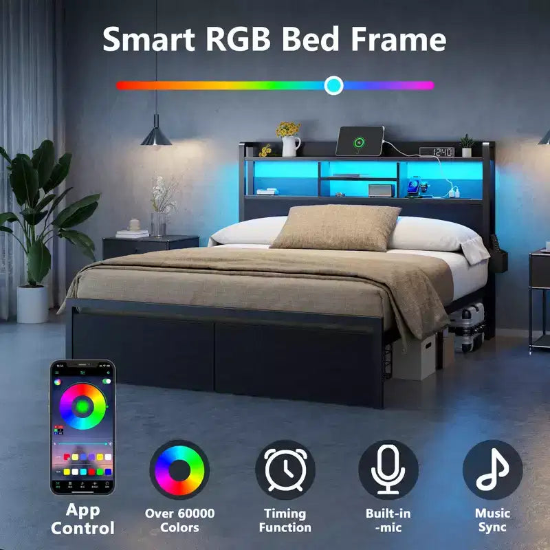 Cadre de lit plateforme pleine grandeur avec tiroirs de rangement Station de charge Lumières LED
