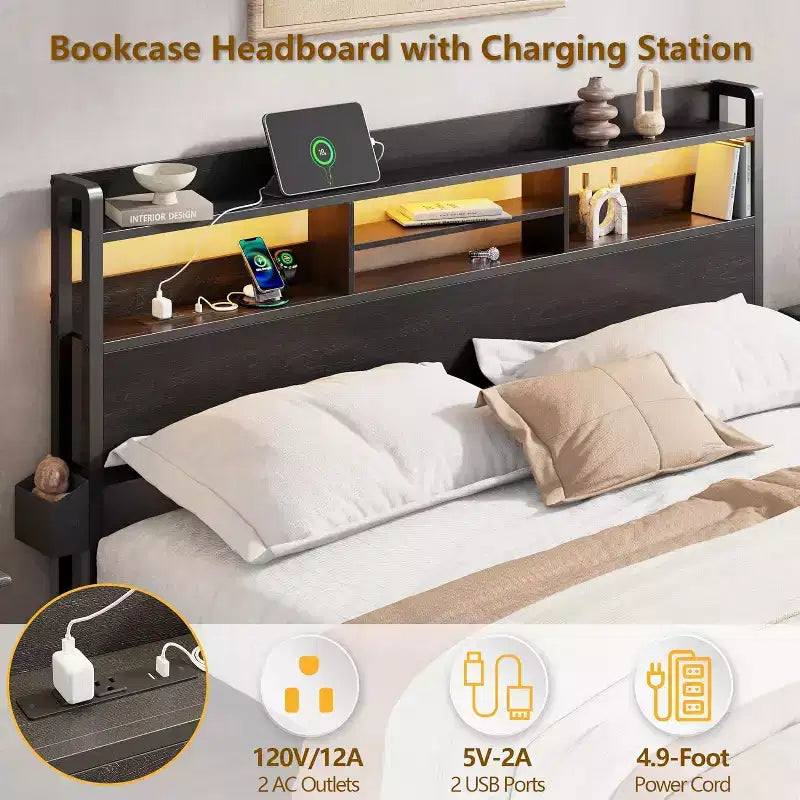 Cadre de lit plateforme pleine grandeur avec tiroirs de rangement Station de charge Lumières LED
