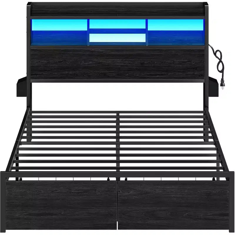 Cadre de lit plateforme pleine grandeur avec tiroirs de rangement Station de charge Lumières LED