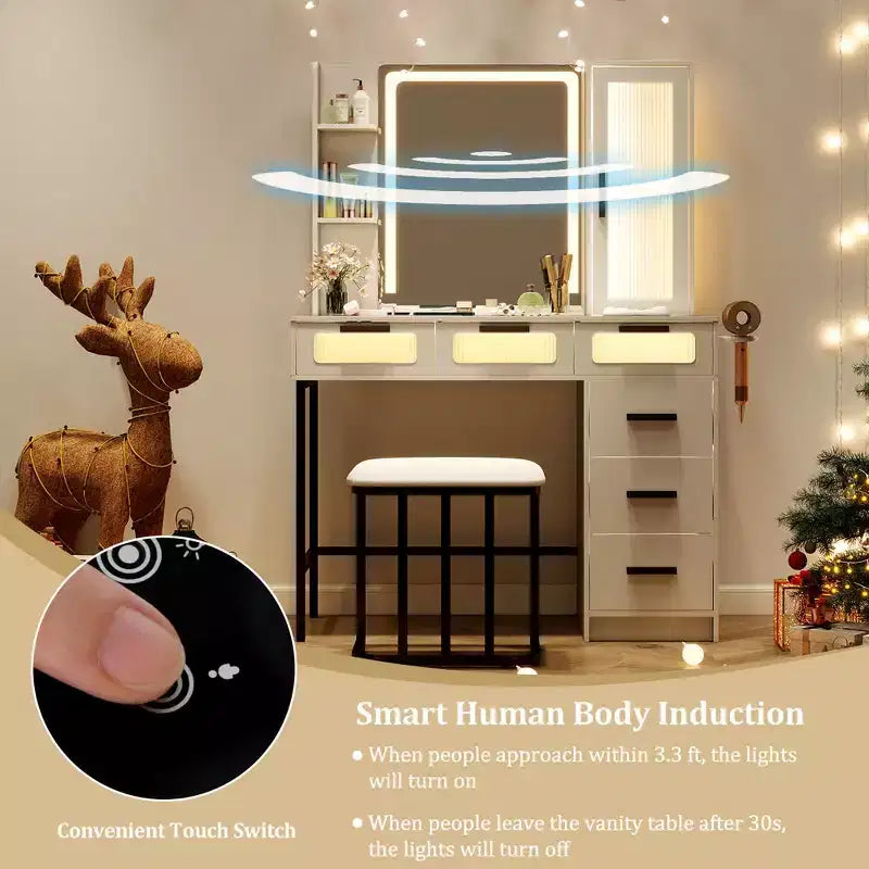 Coiffeuse avec miroir, éclairage intelligent, 3 modes d'éclairage, station de charge