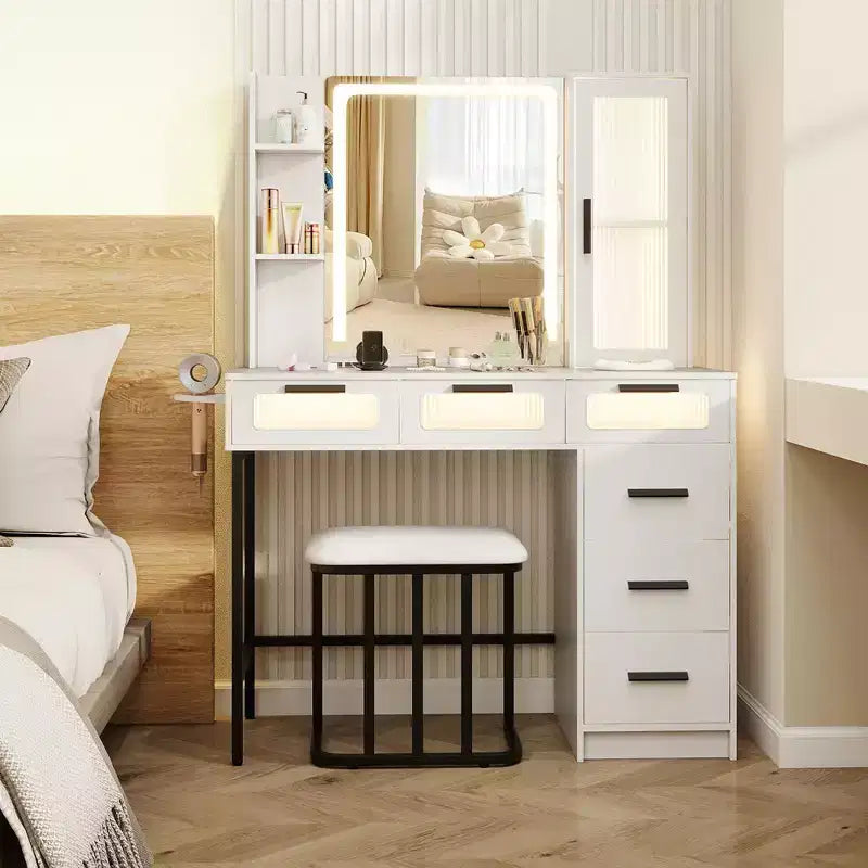 Coiffeuse avec miroir, éclairage intelligent, 3 modes d'éclairage, station de charge