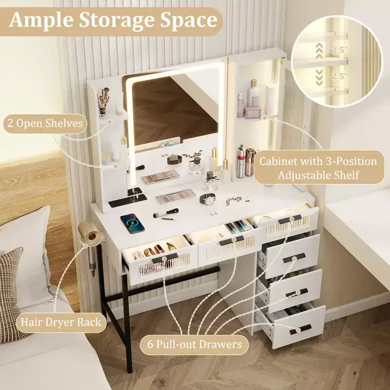 Coiffeuse avec miroir, éclairage intelligent, 3 modes d'éclairage, station de charge