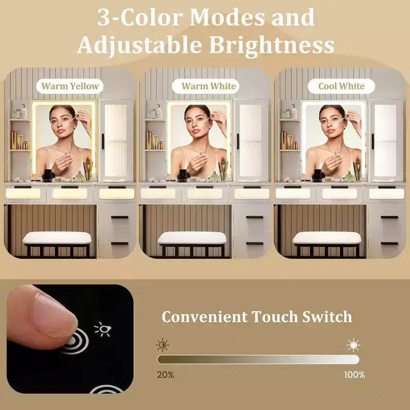 Coiffeuse avec miroir, éclairage intelligent, 3 modes d'éclairage, station de charge