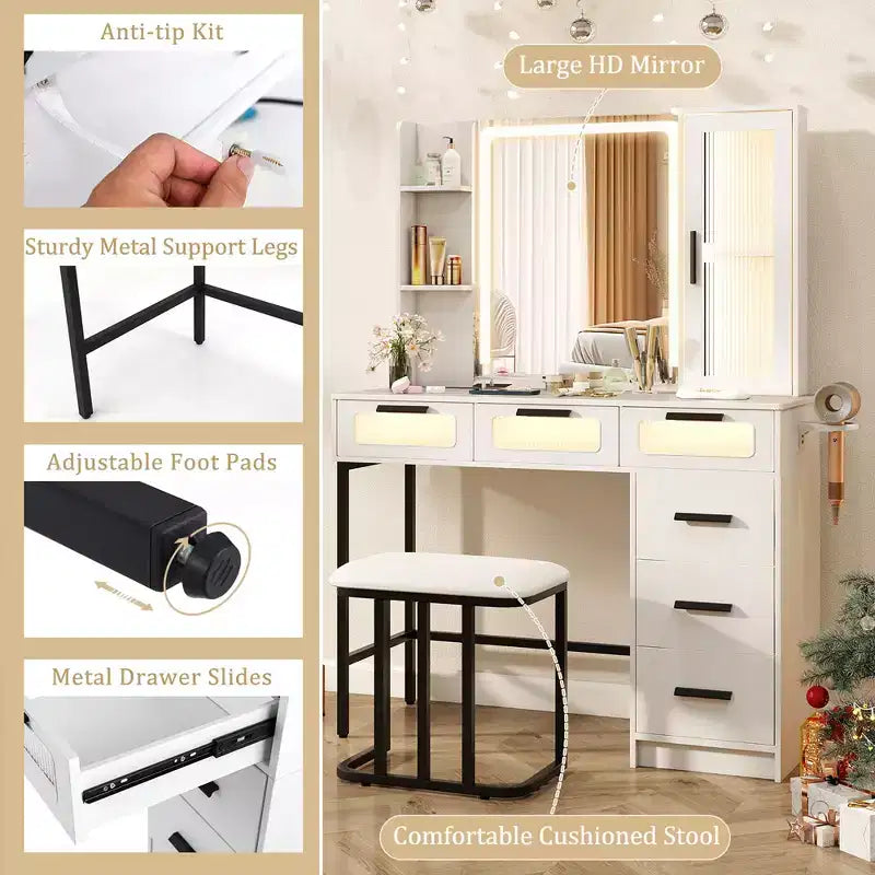Coiffeuse avec miroir, éclairage intelligent, 3 modes d'éclairage, station de charge