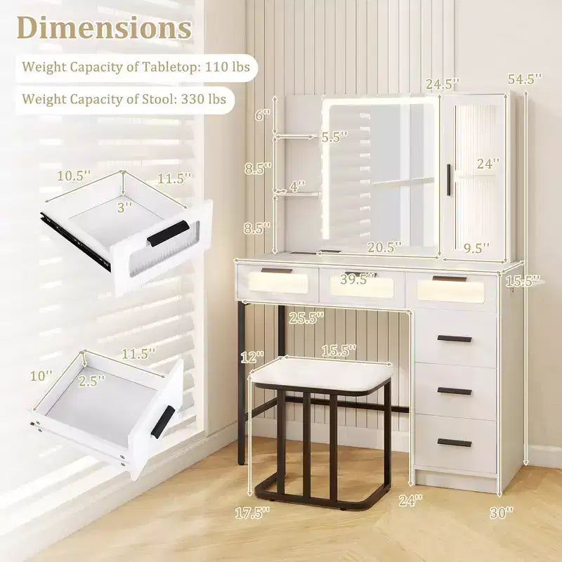 Coiffeuse avec miroir, éclairage intelligent, 3 modes d'éclairage, station de charge
