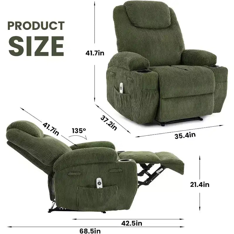 Fauteuil inclinable à bascule en velours côtelé électrique avec massage et chaleur réglables