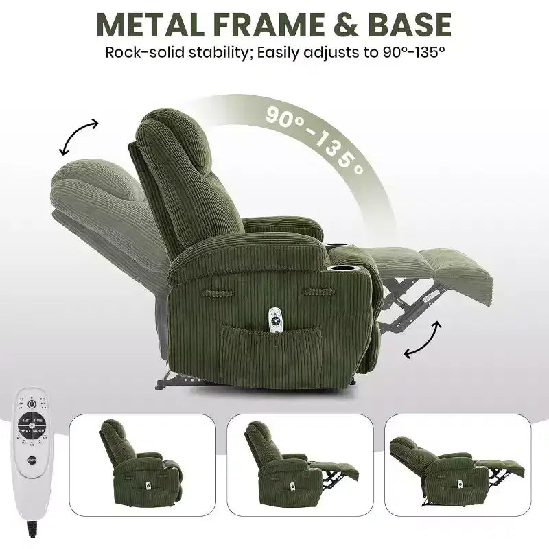 Fauteuil inclinable à bascule en velours côtelé électrique avec massage et chaleur réglables