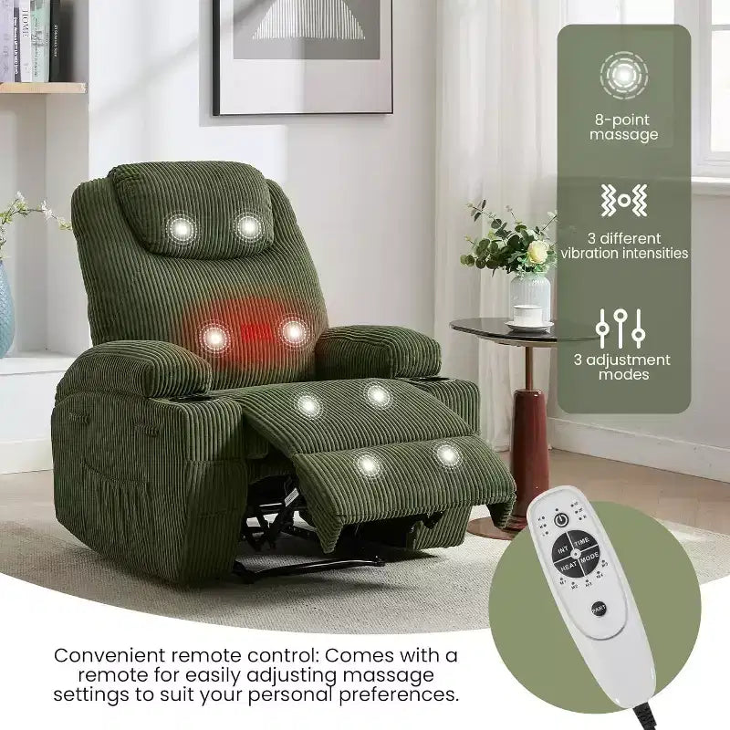 Fauteuil inclinable à bascule en velours côtelé électrique avec massage et chaleur réglables