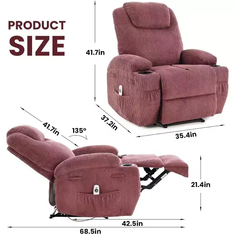 Fauteuil inclinable à bascule en velours côtelé électrique avec massage et chaleur réglables