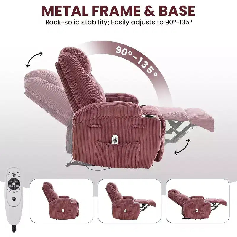 Fauteuil inclinable à bascule en velours côtelé électrique avec massage et chaleur réglables