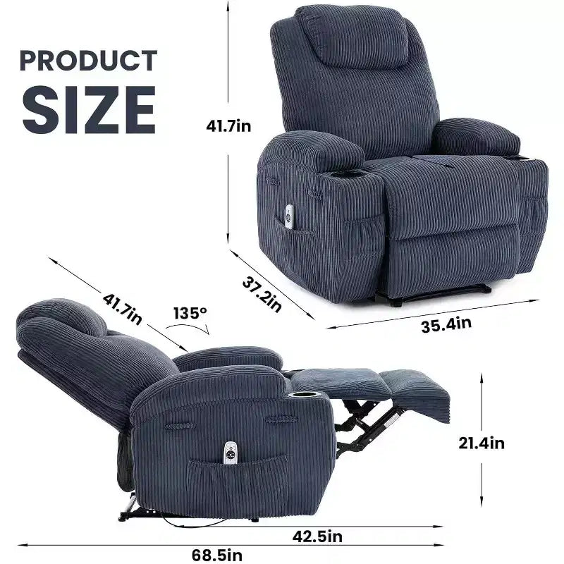 Fauteuil inclinable à bascule en velours côtelé électrique avec massage et chaleur réglables