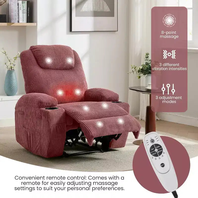 Fauteuil inclinable à bascule en velours côtelé électrique avec massage et chaleur réglables