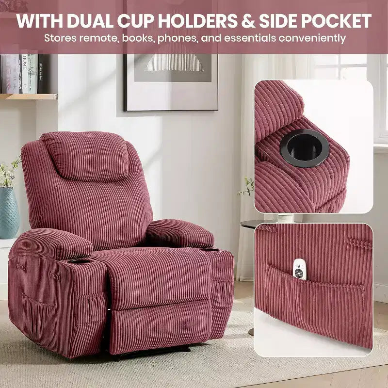 Fauteuil inclinable à bascule en velours côtelé électrique avec massage et chaleur réglables