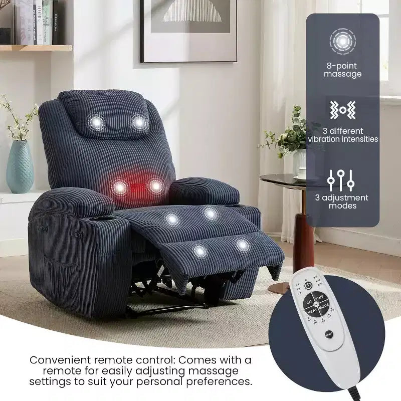 Fauteuil inclinable à bascule en velours côtelé électrique avec massage et chaleur réglables