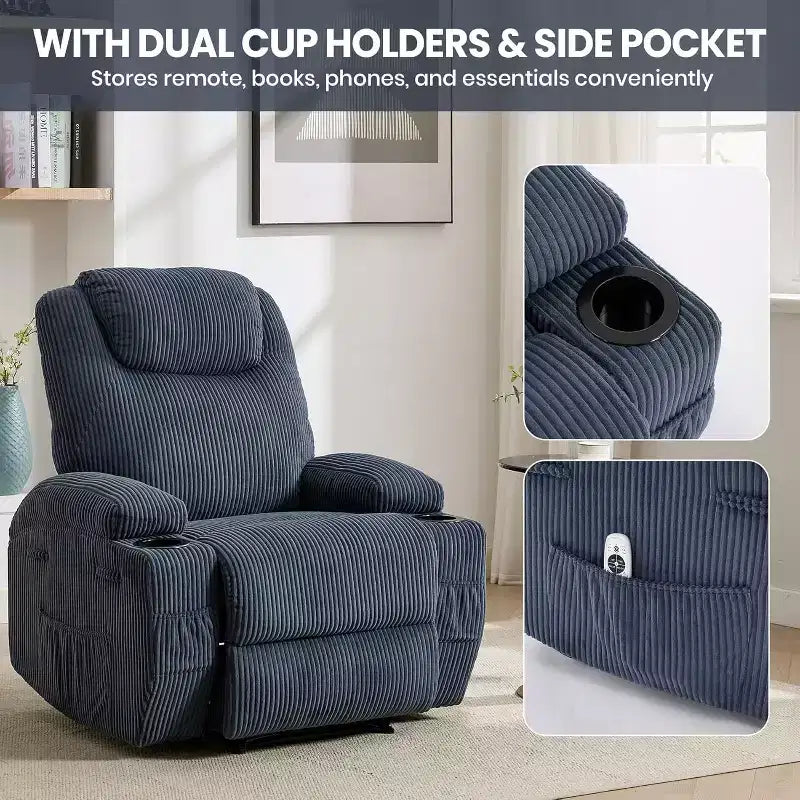 Fauteuil inclinable à bascule en velours côtelé électrique avec massage et chaleur réglables