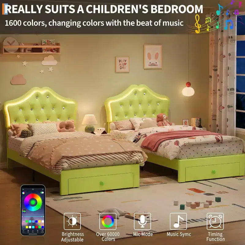 Cadre de lit simple avec lumières LED et tête de lit en velours touffeté de cristaux