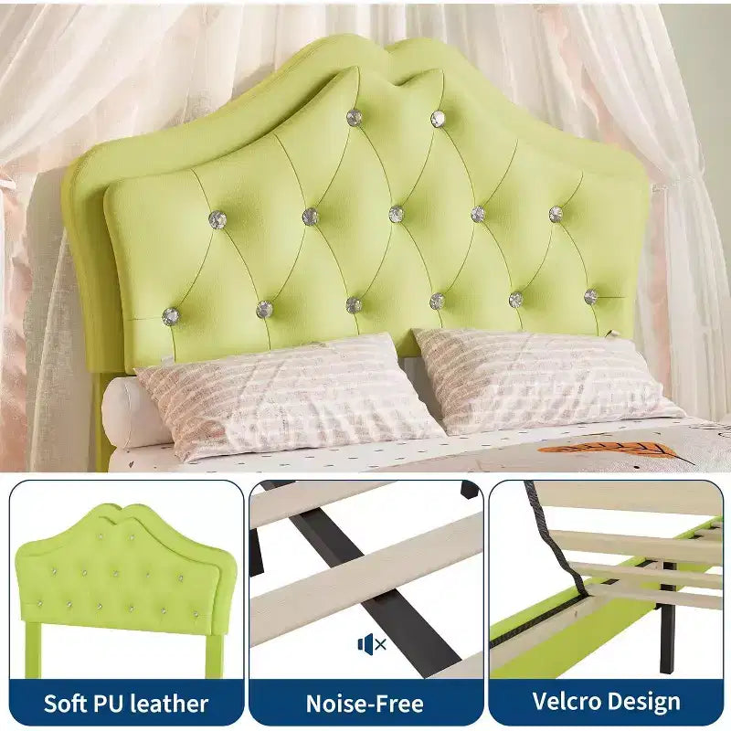Cadre de lit simple avec lumières LED et tête de lit en velours touffeté de cristaux