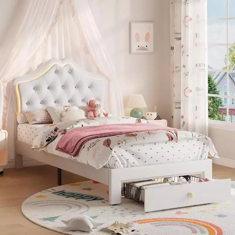 Cadre de lit simple avec lumières LED et tête de lit en velours touffeté de cristaux