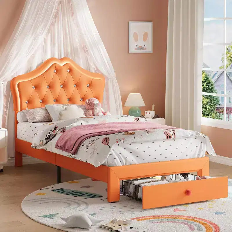 Cadre de lit simple avec lumières LED et tête de lit en velours touffeté de cristaux