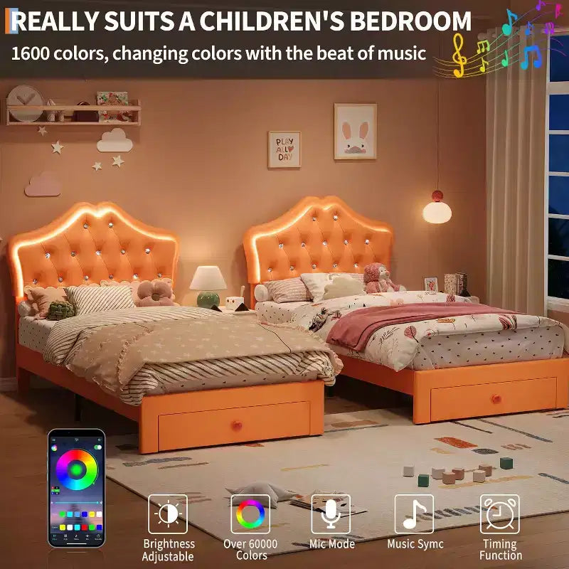 Cadre de lit simple avec lumières LED et tête de lit en velours touffeté de cristaux