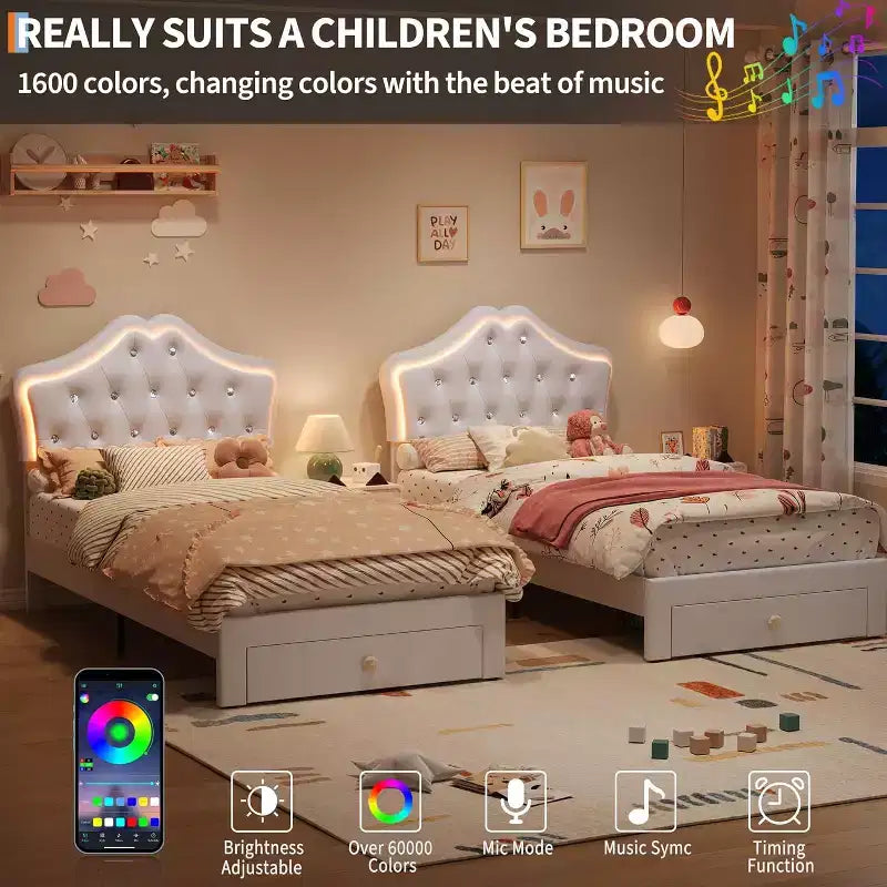 Cadre de lit simple avec lumières LED et tête de lit en velours touffeté de cristaux