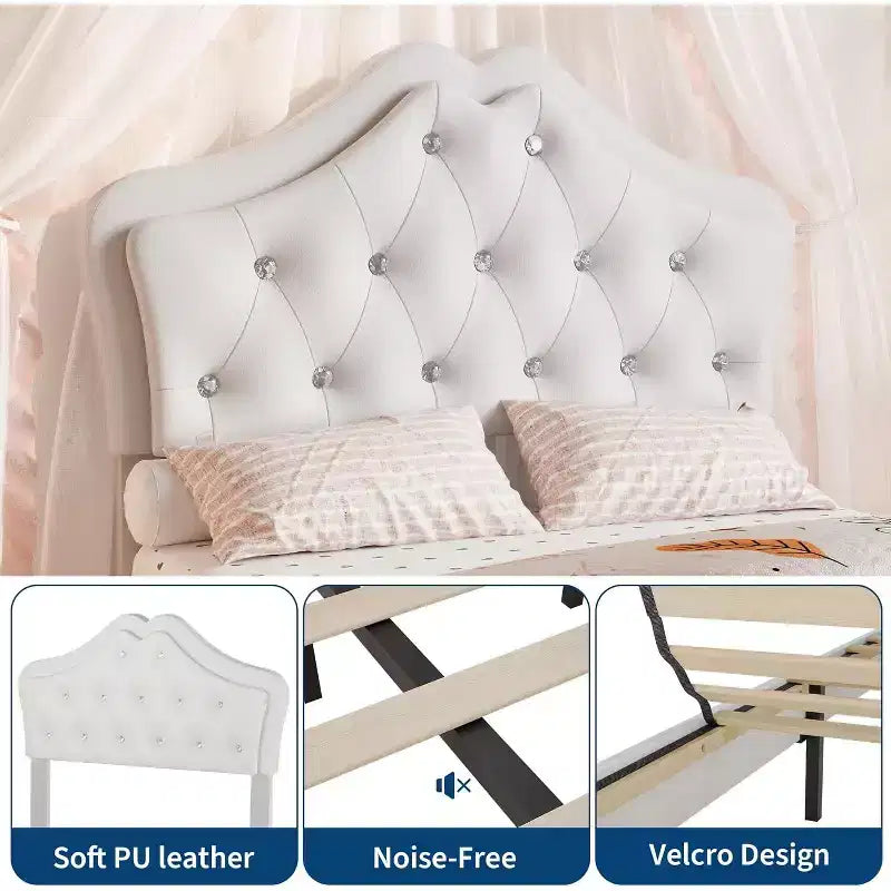 Cadre de lit simple avec lumières LED et tête de lit en velours touffeté de cristaux