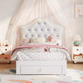Twin Size Bed Frame with LED Lights & Velvet Crystal Button Headboard, Upholstered Princess/Girl Platform Bed with Storage Drawer, Noise Free
