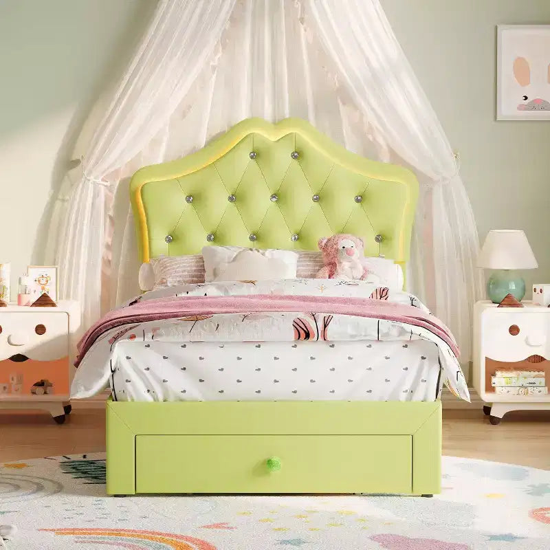 Cadre de lit simple avec lumières LED et tête de lit en velours touffeté de cristaux