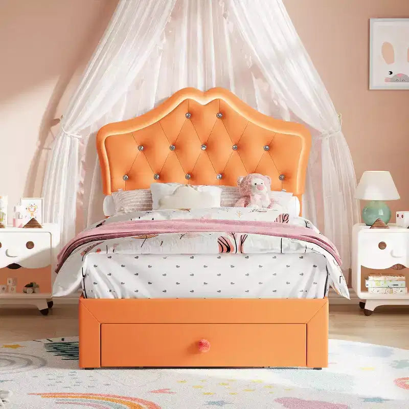 Cadre de lit simple avec lumières LED et tête de lit en velours touffeté de cristaux