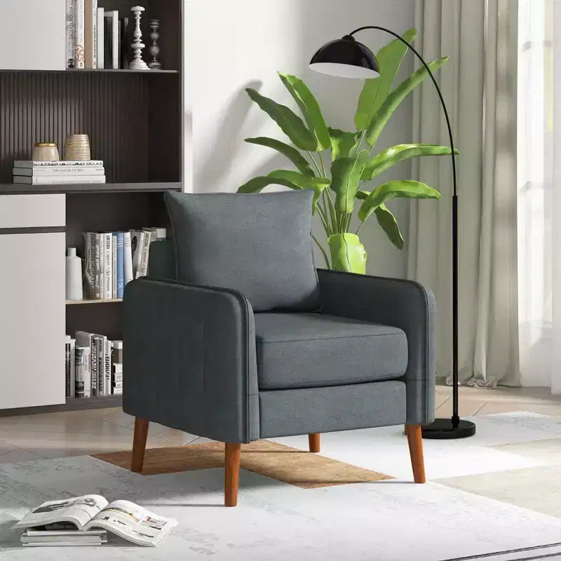 Fauteuil d'appoint moderne rembourré du milieu du siècle avec pieds en bois d'hévéa gris