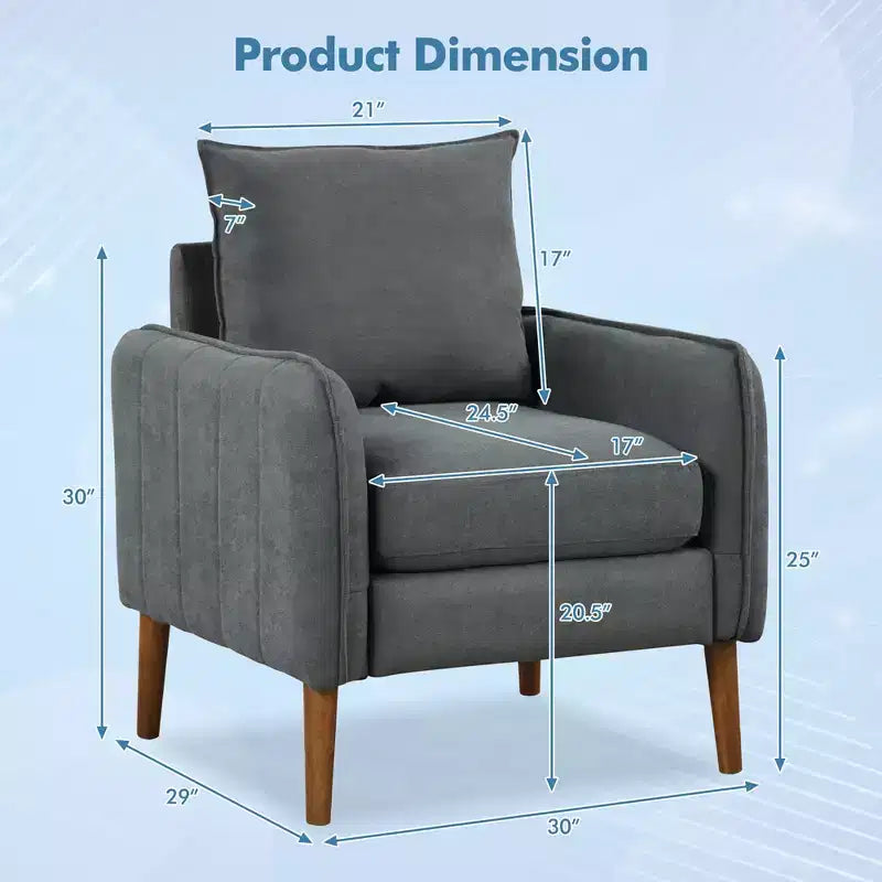 Fauteuil d'appoint moderne rembourré du milieu du siècle avec pieds en bois d'hévéa gris